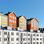 **Prompt:** "Bright white rooftops reflecting sunlight in a densely populated Stockholm neighborhood. Modern Scandinavian architecture. Clear blue sky. Environmental awareness concept. Photorealistic."