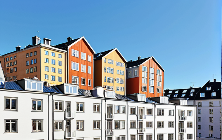 **Prompt:** "Bright white rooftops reflecting sunlight in a densely populated Stockholm neighborhood. Modern Scandinavian architecture. Clear blue sky. Environmental awareness concept. Photorealistic."